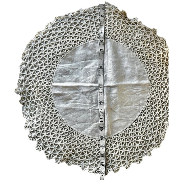 Handmade 20” Crochet Doily Tatting White Cotton Sateen Center French Country - Picture 9 of 9